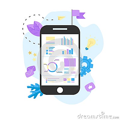 Data analysis design concept. Graph, diagram, statistics on smartphone screen. Business concept Vector Illustration