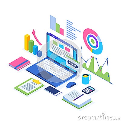 Data analysis. Digital financial reporting, seo, marketing. Business management, development. 3d isometric laptop, computer, pc Vector Illustration