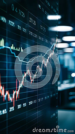 Data analysis on digital screen in office with line graph and numerical values. Stock Photo
