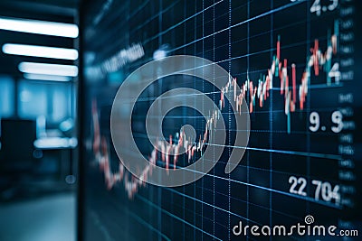 Data analysis on digital screen in office with line graph and numerical values. Stock Photo