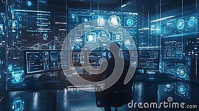 Data analysis event high-tech control room digital interface futuristic environment user perspective technology insights Cartoon Illustration