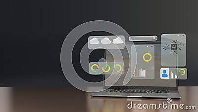 Data Analysis Excellence: Analyst Harnessing the Power of Computer, Dashboard, and Data Management Stock Photo