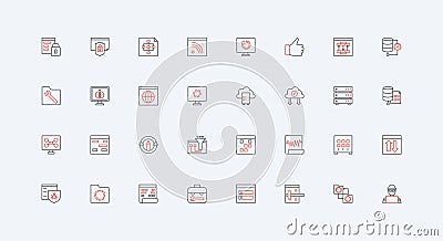 Data analysis and exchange, system structure and organization of database line icon set Cartoon Illustration