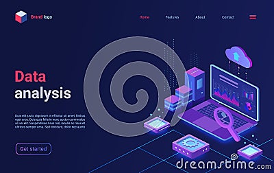 Data analysis, financial analytics isometric landing page, analyst trader workplace Vector Illustration