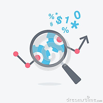 Data analysis and financial research simple flat symbol with magnifier and graph Vector Illustration