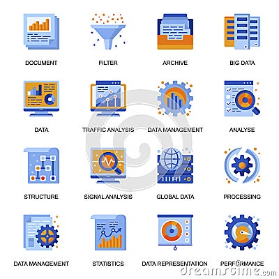 Data analysis icons set in flat style. Vector Illustration