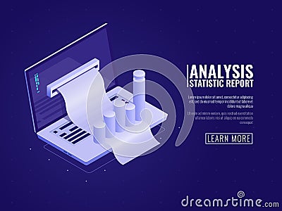 Data analysis and information statistics, business management, business data order, laptop with diagram chart isometric Vector Illustration