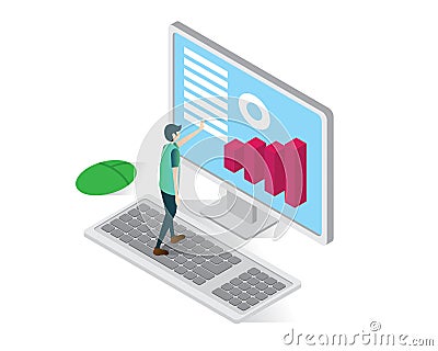 Data analysis isometric icons concept,business computer illustration vector, diagram on computer isometric Vector Illustration