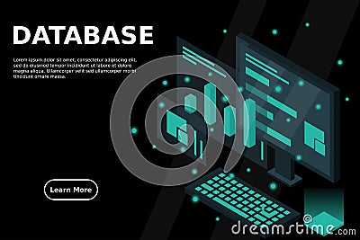 Data analysis in isometric vector design. Technician in datacenter or data center room background. Network mainframe infrastructur Vector Illustration