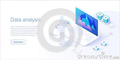 Data analysis in isometric vector design. Technician in datacenter or data center room background. Network mainframe Vector Illustration