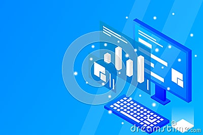 Data analysis in isometric vector design. Technician in datacenter or data center room background. Network mainframe infrastructur Vector Illustration