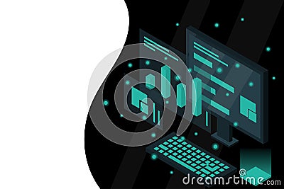 Data analysis in isometric vector design. Technician in datacenter or data center room background. Network mainframe infrastructur Vector Illustration