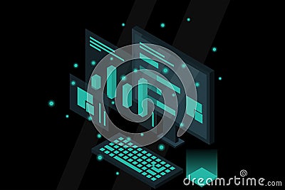 Data analysis in isometric vector design. Technician in datacenter or data center room background. Network mainframe infrastructur Vector Illustration