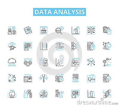 Data analysis linear icons set. Analytics, Big data, Insights, Metrics, Visualization, Dashboards, Statistics line Vector Illustration