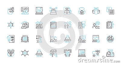 Data analysis linear icons set. Analytics, Computation, Metrics, Modelling, Insight, Statistics, Visualization line Vector Illustration