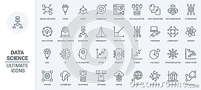 Data analysis, neural network innovation and science thin line icons set Vector Illustration