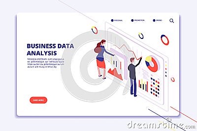 Data analysis. People work on business finance charts. Statistical surveillance. Big data isometric vector concept Vector Illustration