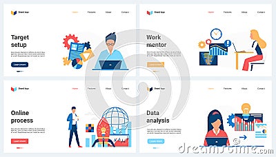 Data analysis process, target setup and development, mentorship set and tiny people Vector Illustration