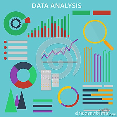 Data analysis. Vector icons and signs set for the concept of infographic of big data analysis and financial research. Digital Vector Illustration