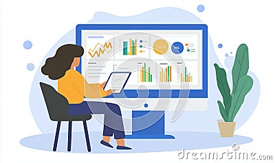 Data analysis and visualization on large screen with woman using tablet, charts and graphs displayed, modern workspace Stock Photo