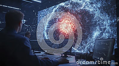 Data Analysts Monitoring Complex Network System on Large Screen Display Stock Photo
