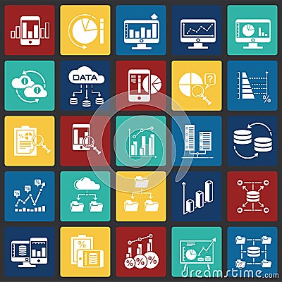 Data analysys icons set on color squares background for graphic and web design, Modern simple vector sign. Internet concept. Vector Illustration