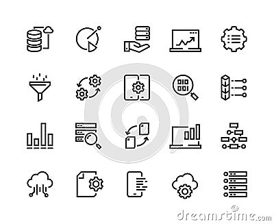 Data analytic line icons. Business technology process digital gear support information network tech. Big data analytics Vector Illustration