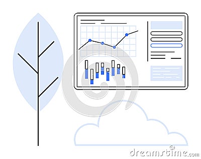 Data Analytics Dashboard with Graphs and Charts Next to Minimalist Tree and Cloud Vector Illustration