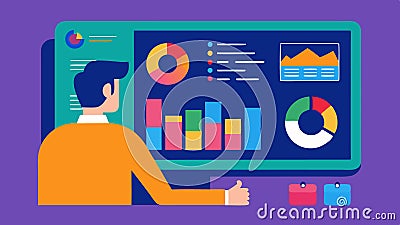 Data Analytics Dashboard A supply chain manager analyzing a colorful data analytics dashboard filled with graphs and Stock Photo