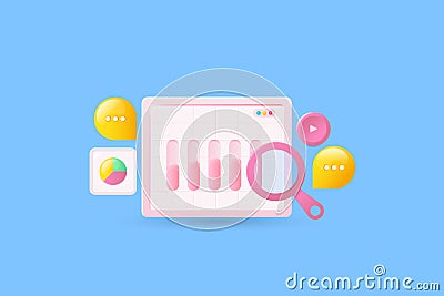 Data analytics, key performance indicator, business report, marketing metrics, social media insights 3d illustration. Stock Photo