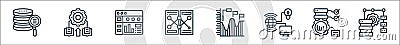 Data analytics line icons. linear set. quality vector line set such as data merge, optimization, internet of things, progress Vector Illustration
