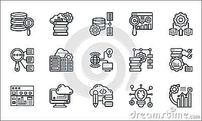 Data analytics line icons. linear set. quality vector line set such as data analytics, programing, dashboard, deep learning, cloud Vector Illustration