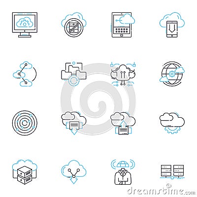 Data analytics linear icons set. Insights, Visualization, Patterns, Processing, Metrics, Optimization, Modelling line Vector Illustration
