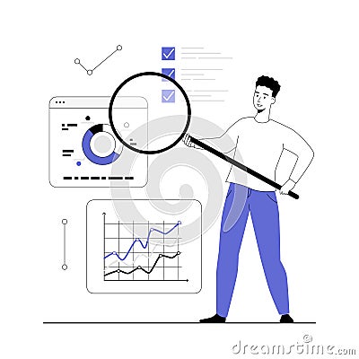 Data analytics or marketing seo optimization concept. Man analyzes graphs, charts, dashboard, prepares a report. Vector Vector Illustration