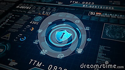 Data analytics, and network monitoring visuals, Advanced cybersecurity dashboard with encryption shield, highlighting digital Stock Photo
