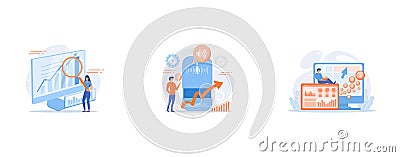 Data analytics online course, Voice controlled smart speaker and user talking, Marketer and analyst deploys and manages the tags Vector Illustration