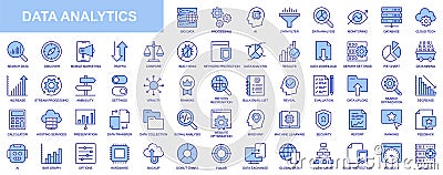 Data analytics web icons set in duotone outline stroke design. Pack pictograms with processing, ai, analysis, monitoring, database Vector Illustration