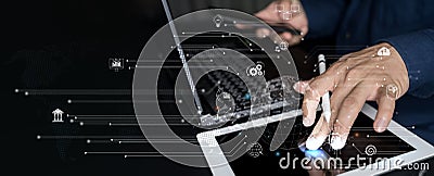 Data anlytics, AI and database management technology. IT specilist working on digital tablet connecting Stock Photo