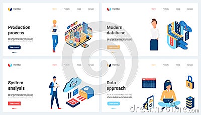 Data approach and analysis of modern database and cloud storage, production process set Vector Illustration