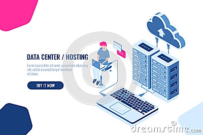 Data calculation and auditing isometric, engineer working with cloud storage, server room, datacenter and database icon Vector Illustration