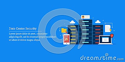 Secured server, data protection, firewall on data center, internet, networking, cyber security technology concept. Vector Illustration