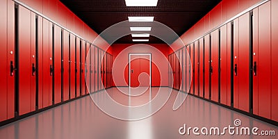 Data center bright red lighting rows of server racks representing high tech cloud computing big data cybersecurity advanced Cartoon Illustration
