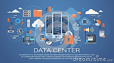 Data Center Cloud Computer Connection Hosting Server Database Synchronize Technology Vector Illustration