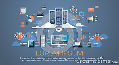 Data Center Cloud Computer Connection Hosting Server Database Synchronize Technology Vector Illustration