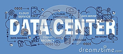 Data center. Cloud computing concept . Word with line icon art banner style . Editable stroke . Vector Vector Illustration