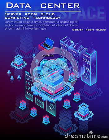 Data center and cloud computing isometric concept . Cloud data for storing and processing information. Process of work server proc Vector Illustration