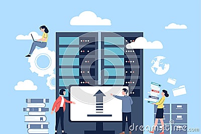 Data center cloud concept. Hardware servers, cyber storage engineers and programmers. Admin and managers work with Vector Illustration
