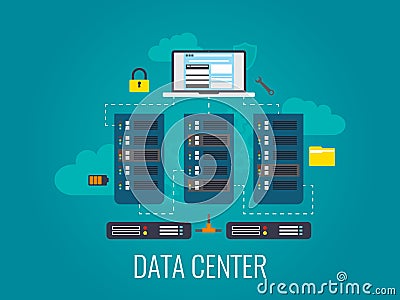 Data Center. Cloud technologies concept. Computer server design. Web hosting and cloud database. Big data flow Vector Illustration