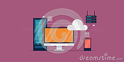 Flat design concept of data center, web server hosting, communication, internet network and technology. Vector Illustration
