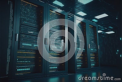 Data center computers, large facility with servers, storage solution, Generative Ai Stock Photo
